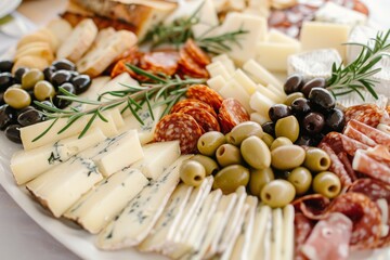 An assortment of cheeses, olives, and whole wheat bread arranged beautifully on a white platter.