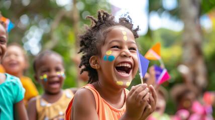 A candid photograph capturing a group of young children laughing and playing together at a Juneteenth festival, their faces adorned with colorful face paint and their hands clutching small flags with 
