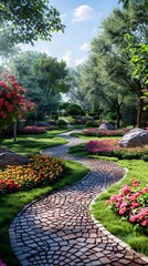 Naklejka premium Stone path through a lush garden