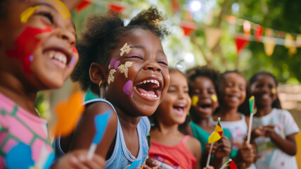 A candid photograph capturing a group of young children laughing and playing together at a Juneteenth festival, their faces adorned with colorful face paint and their hands clutching small flags with 