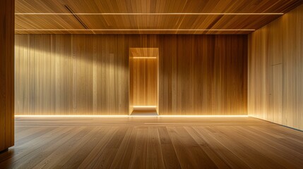 Wooden plank wall and wooden floor with warm lighting in the room