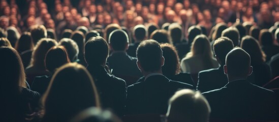A photo of an audience in their seats at the auditorium watching a corporate presentation