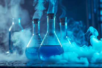 An ethereal image capturing blue-tinted smoke drifts from a laboratory flask, invoking a sense of mystery and scientific discovery