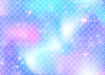 Kawaii mermaid background with princess rainbow scales pattern. Fish tail banner with magic sparkles and stars. Sea fantasy invitation for girlie party. Multicolor kawaii mermaid backdrop.