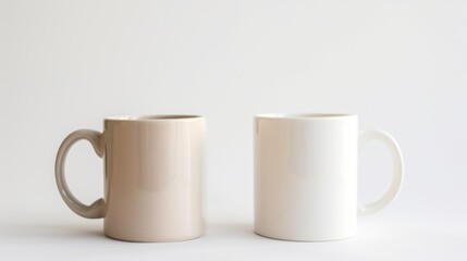 3d mockup of two white mugs with handle facing each other on a plain background