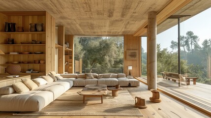 Fototapeta premium Modern wooden house interior with large glass windows and a wooden coffee table