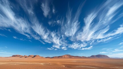 Wide shot of a vast arid desert landscape with wispy white clouds in the bright blue sky