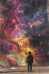 A boy gazes up in awe at a giant mural of a nebula