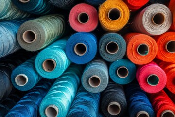 Vibrant assortment of cotton threads on spools for sewing and intricate embroidery projects