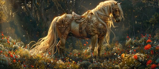 A Palomino Stallion in Burnished Copper Armor Roams an Enchanted Forest Glen - obrazy, fototapety, plakaty