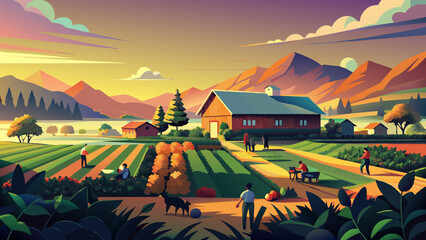 Idyllic Farmhouse Sunset Scene with Harvesting Farmers
