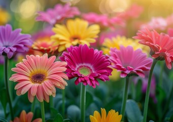 Close-up of a field of Gerber daisies in various colors with a blurred background