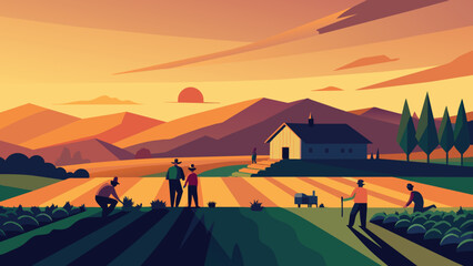 Fototapeta premium Sunset Harvest: Farm Workers in Idyllic Rural Landscape