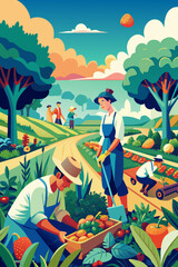 Colorful Farming Scene with Workers Harvesting Fresh Produce