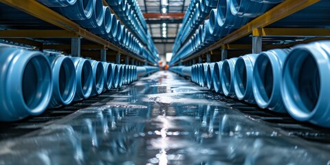 Warehouse full of blue plastic pipes