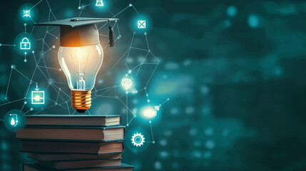 A glowing bulb with a graduation cap, placed atop a stack of books signifies the concept of education and innovation