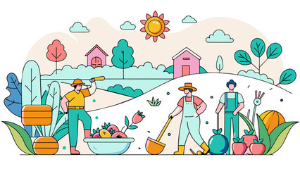 Colorful Illustrated Farmers Harvesting Fresh Produce in Rustic Countryside