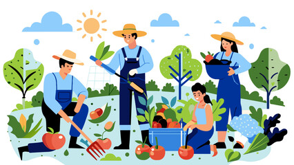Fototapeta premium Cheerful Farmers Harvesting Fresh Produce in Sunny Fields