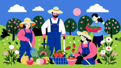 Cheerful Farmers Harvesting Fresh Produce in Sunny Field