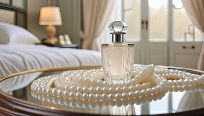 Fototapeta premium A delicate perfume bottle rests beside a string of pearls on a mirrored vanity, set against the softly blurred backdrop of a luxurious bedroom