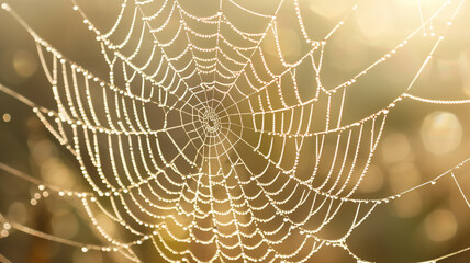 Spider web glistening in the morning sunlight, capturing the intricate patterns and delicate droplets