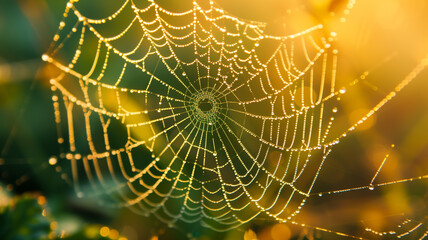 Spider web glistening in the morning sunlight, capturing the intricate patterns and delicate droplets