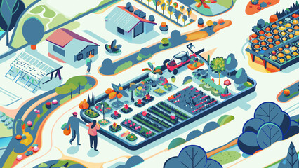 Colorful, Modern Sustainable Farming Illustration with Diverse Crops and Renewable Energy