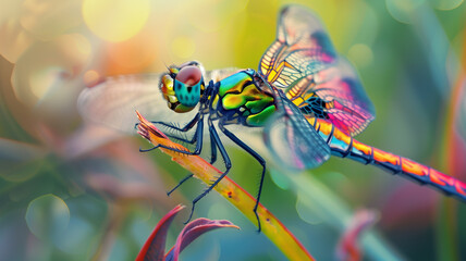 Macro photograph of a colorful dragonfly perched on a blade of grass - Powered by Adobe
