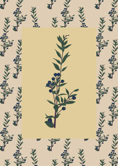 Vintage botanical illustrated greeting card template in hand drawn style. Decorative seasonal autumn illustration. Retro interior poster with natural wild plants.