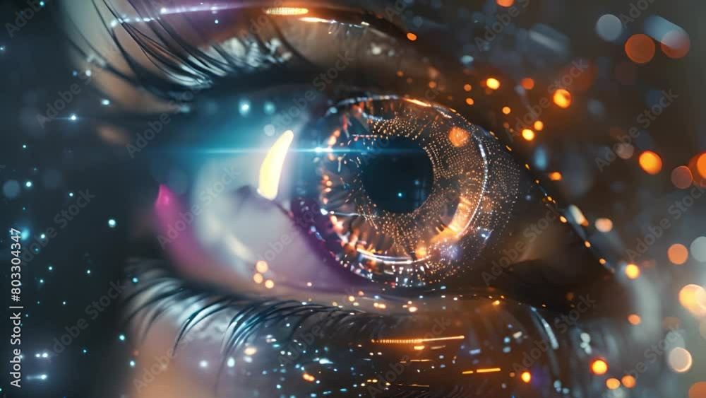Aufkleber a close-up of an eye with a superimposed digital interface overlay.