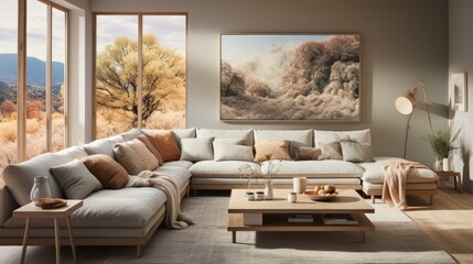 Modern living room interior with large windows and a comfortable sofa
