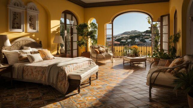 Mediterranean style bedroom with a view of the sea