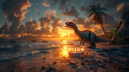 Dinosaur on a beach at sunset, blowing out candles on a cake with a palm tree decoration.