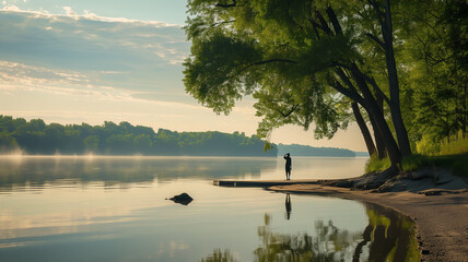 A serene photograph of a tranquil lakeside setting, with a solitary figure standing at the water's edge, contemplating the significance of Juneteenth and the journey towards racial equality and justic