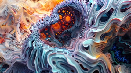 Explore the fusion of abstract expressionism and nanotechnology from a unique worms-eye view Create a digital masterpiece showcasing intricate patterns and vivid colors