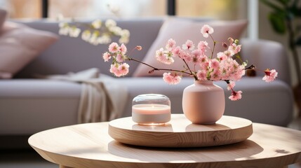 An elegant living room with a vase of cherry blossoms and a candle on a wooden table