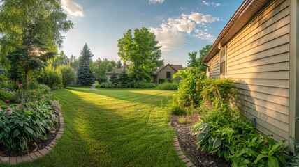 Panoramic angle of a lush backyard leading to a warm wheat-colored house with siding, displaying the integration of nature and suburban architecture. - obrazy, fototapety, plakaty