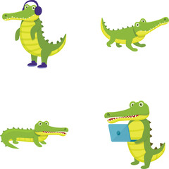 Funny crocodile icons set cartoon vector. Green cartoon crocodile. Cute alligator, predator