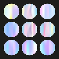 Holographic abstract backgrounds set. Gradient hologram. Spectrum holographic backdrop. Minimalistic 90s, 80s retro style graphic template for brochure, banner, wallpaper, mobile screen.