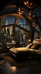 futuristic bedroom interior design with city view