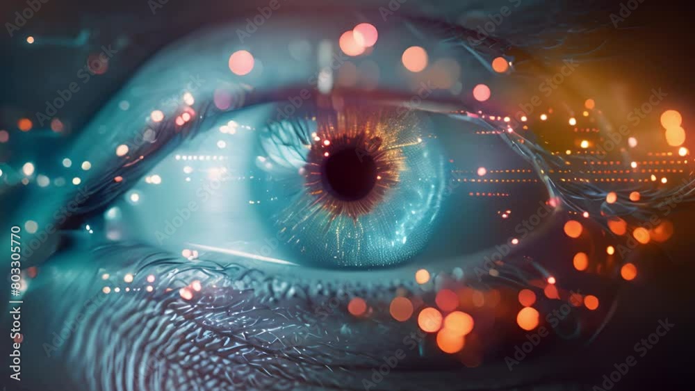 Poster Close-up of a human eye enhanced with digital graphics representing technology and data encryption.