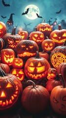 A Spooky Collection of Jack-o'-Lanterns Under a Full Moon