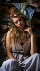Obraz premium Young woman with blonde hair sitting in a dark place