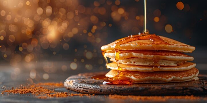 A stack of pancakes with syrup being poured on top