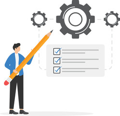 Workforce process optimization, productivity, workflow management and project tracking concepts, man with pencil puts tick in front of completed tasks and goals


