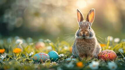 Cute bunny rabbit surrounded by colorful Easter eggs in a field of flowers