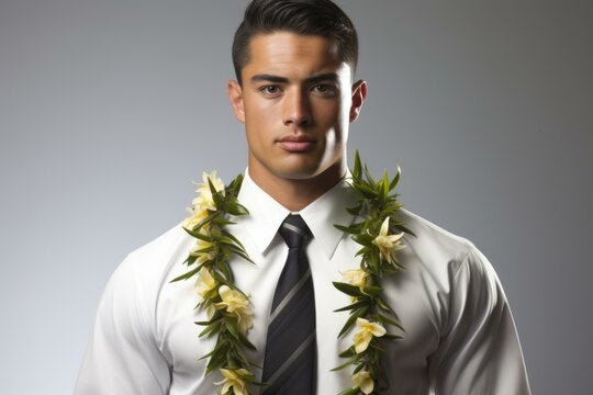 Young man wearing a white shirt and tie with a flower lei around his neck