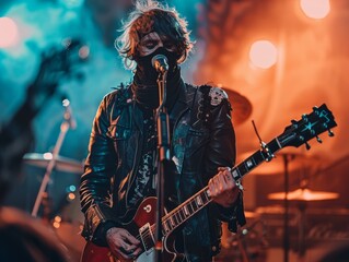 Rock musician with a mask performing live on stage