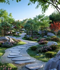 landscaping, garden, pathway, stone, nature, oriental, walkway, bushes, flowers