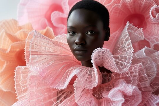 Black model Duckie Thot in pink ruffled dress